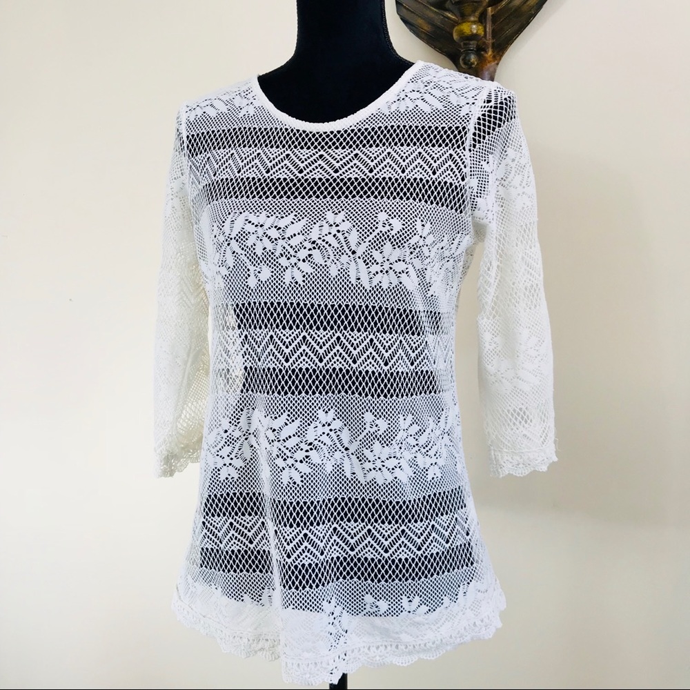 Bar III Sheer Floral Lace Overlay Blouse Top
